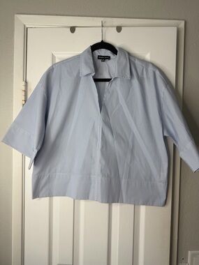 EUC Modern Works Blue Striped Boxy Cropped Collar Blouse
